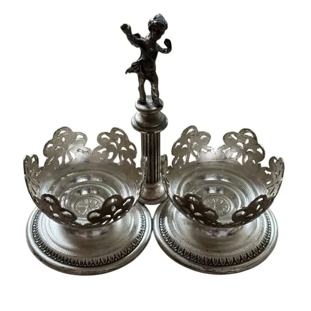 Silver Plated Salt & Pepper Container Holders With Cherub In Center